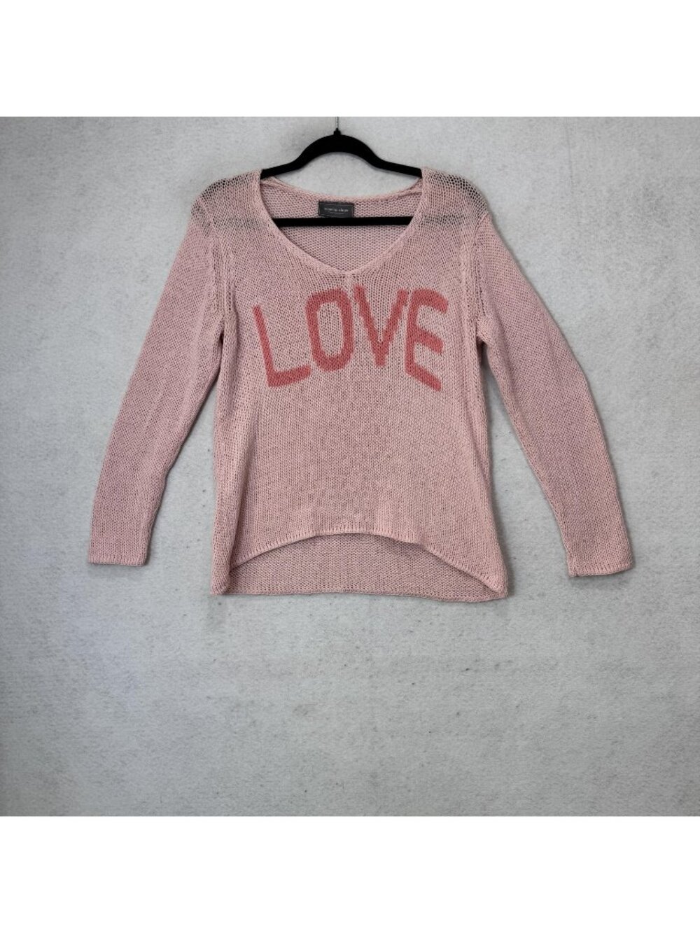 Wooden Ships Sweater Womens X/S Pink LOVE Graphic V Neck Open Knit Pullover